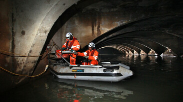 Geosciences used an inflatable boat to gain access to the Megatron culvert in Sheffield, UK, to collect concrete core samples 