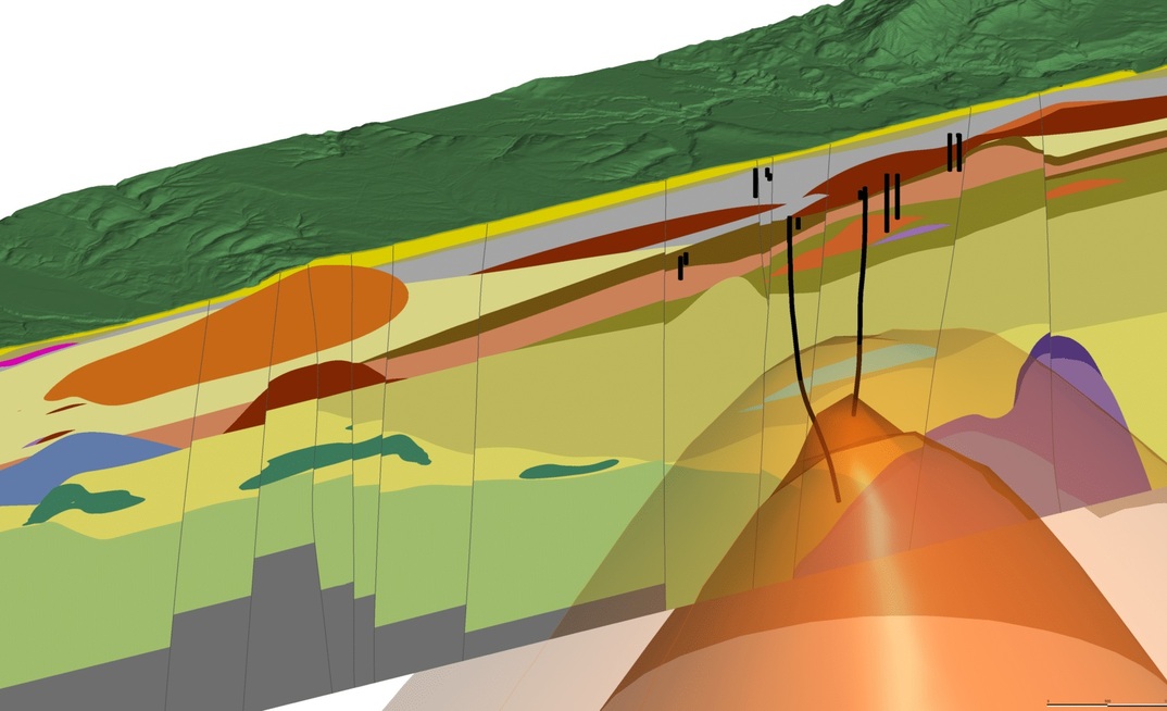 A slice through geological and temperature models built in Leapfrog Energy of the Ngā Tamariki Geothermal Field in New Zealand, operated by Mercury.