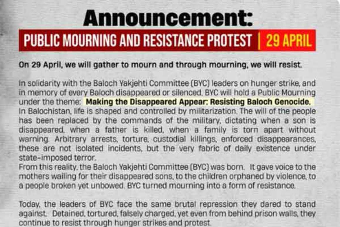 BYC announces April 29 protest to demand justice for Baloch missing persons