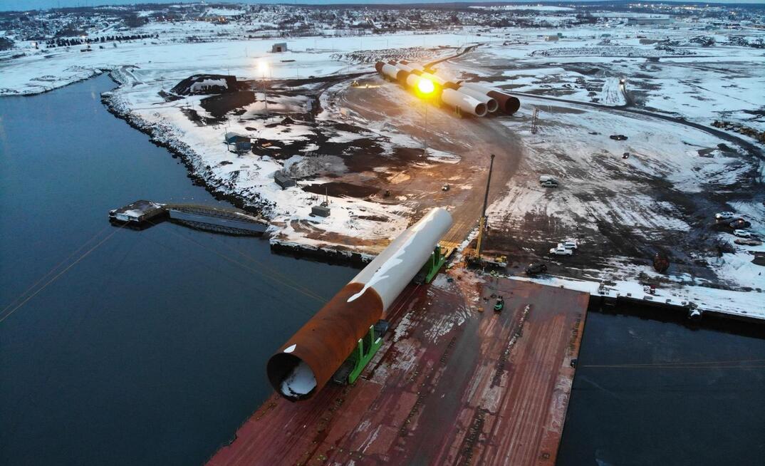 With the assistance of Sarens, 15 monopiles, each weighing up to 1900t, have been delivered to the Atlantic Canada Bulk Terminal in Sydney, Nova Scotia