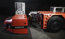 The battery pack on a Sandvik BEV loader being charged.