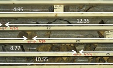  Ikkari drill-hole 120042 showing grades in grams per tonne gold