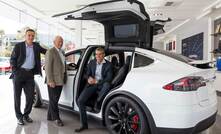  Cobalt Blue CEO Joe Kaderavek, director Hugh Keller and chairman Robert Biancardi at the Tesla showroom.