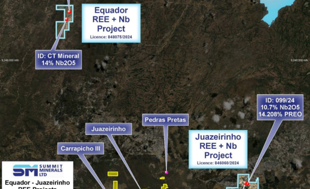 Mapa com projetos de terras raras da Summit Minerals Juazeirinho Equador