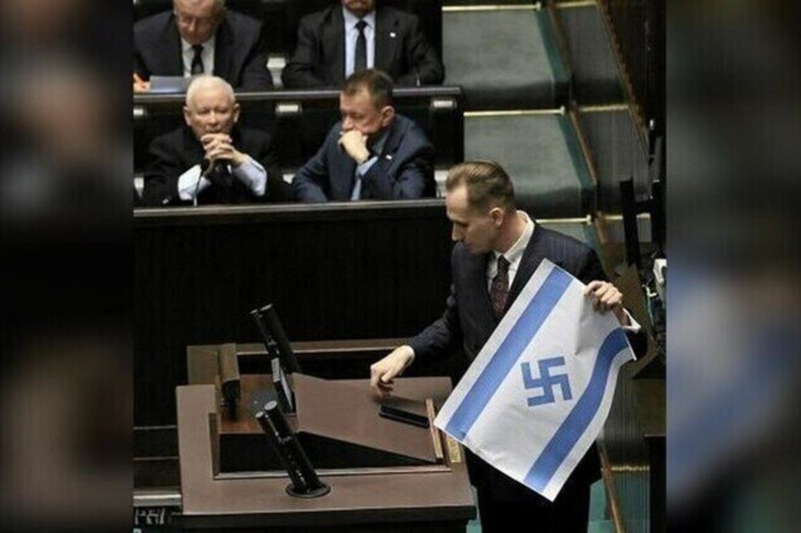 MP waves Israeli flag with swastika in Polish parliament 