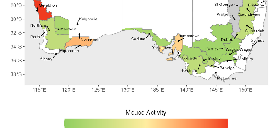 Estimated relative mouse activity in Winter 2026 (June - August) across each GRDC agro-ecological zone (broad regions defined by similar climate, soils, and farming systems).
