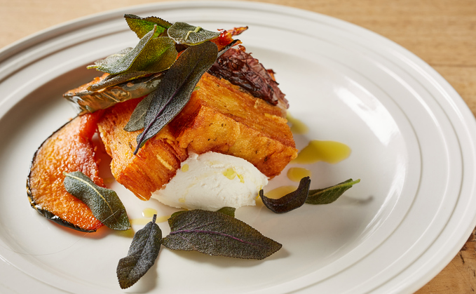 Charlie Hibbert at Thyme's pavé, goat’s curd, pumpkin, roast onion, radicchio and sage / Credit: The SRA