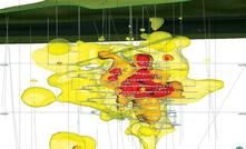 Sliced 3-D rendering of the Kitumba deposit looking east with drill holes, planned development and copper shells