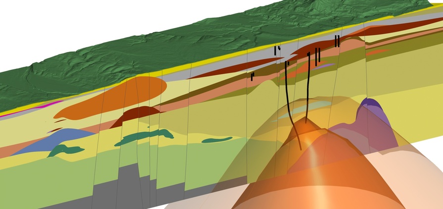 A slice through geological and temperature models built in Leapfrog Energy of the Ngā Tamariki Geothermal Field in New Zealand, operated by Mercury.