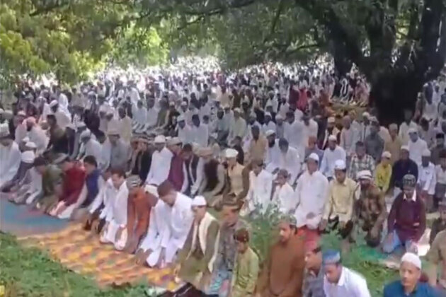 Shia Muslims in Sambhal wear black bands at Eidgah during Eid Namaz