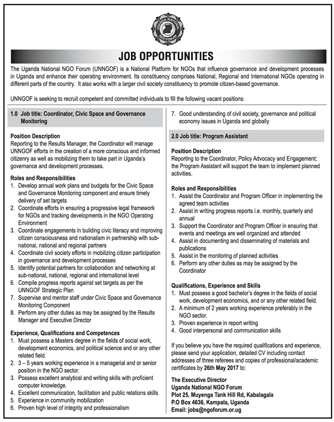 Jobs with Uganda National NGO Forum New Vision Official