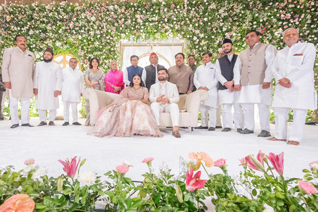 Akhilesh Yadav congratulates cricketer Rinku Singh and SP MP Priya Saroj as they exchange rings