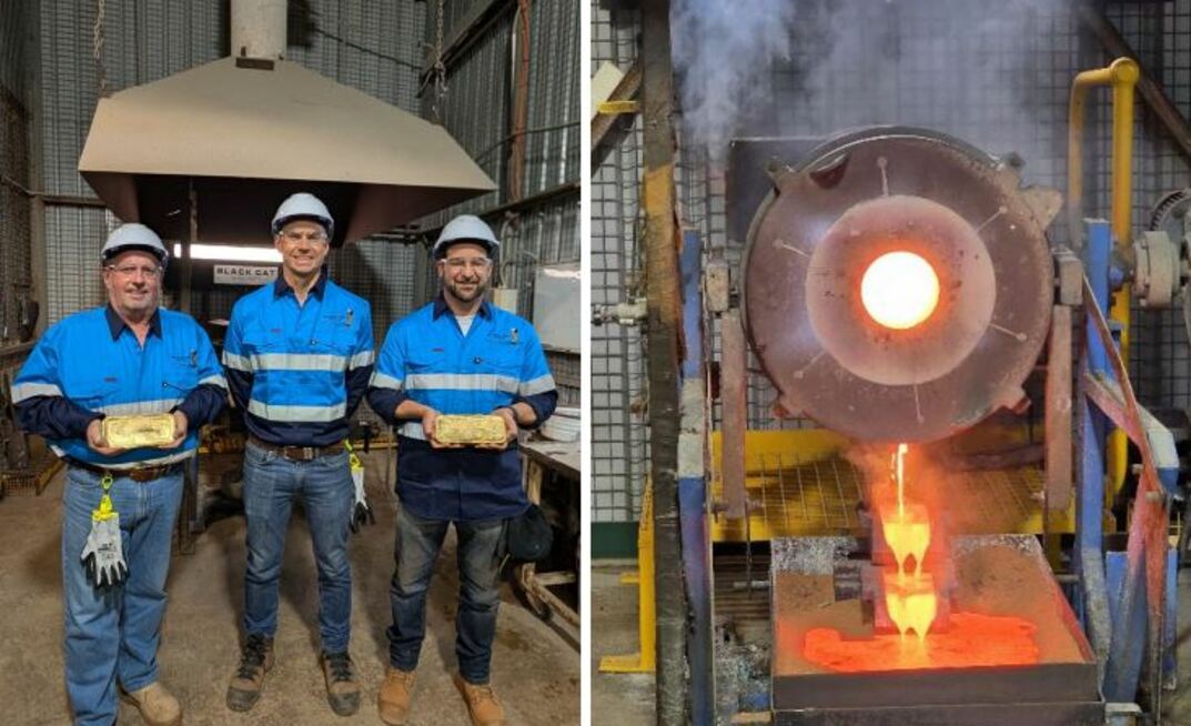 First gold pour at Lakewood, April 16 2025 (from left to right, non-executive director Les Davis, managing director Gareth Solly and non-executive director Davide Bosio)
