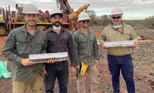  f Dreadnought’s Luke Blais, Frank Murphy, Matt Crowe and Sam Busetti with the discovery hole in June 2022