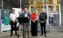 WA premier Roger Cook announcing the $6.5M grant at International Graphite’s Collie R&D Facility. L-R: IG managing director and CEO Andrew Worland, WA regional development minister Don Punch, Collie-Preston MLA Jodie Hanns and IG chairman and founder Phil Hearse. Image by WA Government.