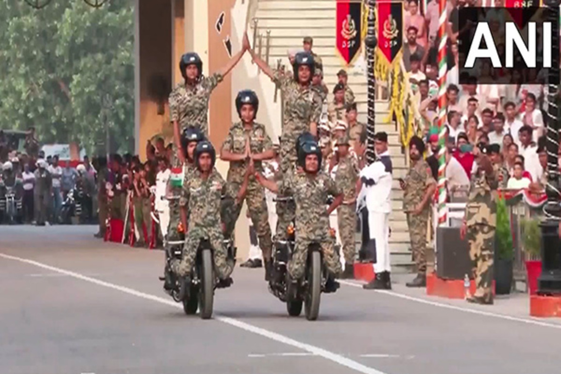 BSF jawans perform bike stunts at Attari border on 79th Independence Day
