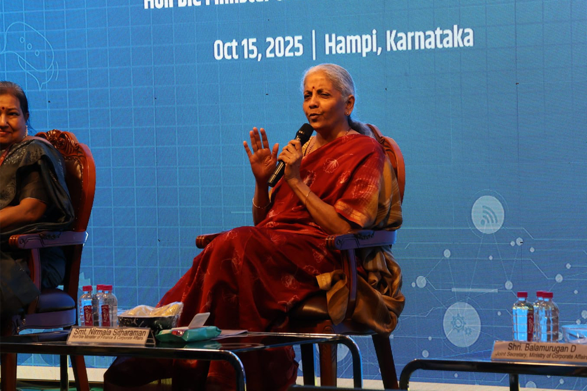 Union Finance Minister Nirmala Sitharaman interacts with interns of the Prime Minister Internship Scheme in Karnataka