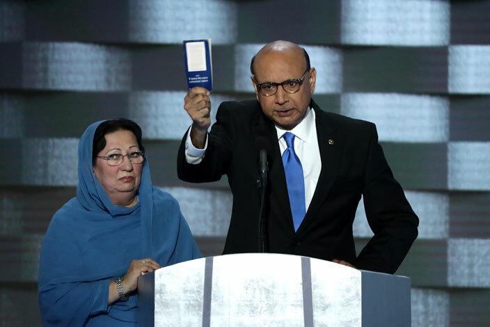  hizr han father of deceased uslim  oldier umayun   han holds up a booklet of the  onstitution as he delivers remarks on the fourth day of the emocratic ational onvention at the ells argo enter uly 28 2016 in hiladelphia ennsylvania  lex ongetty mages         