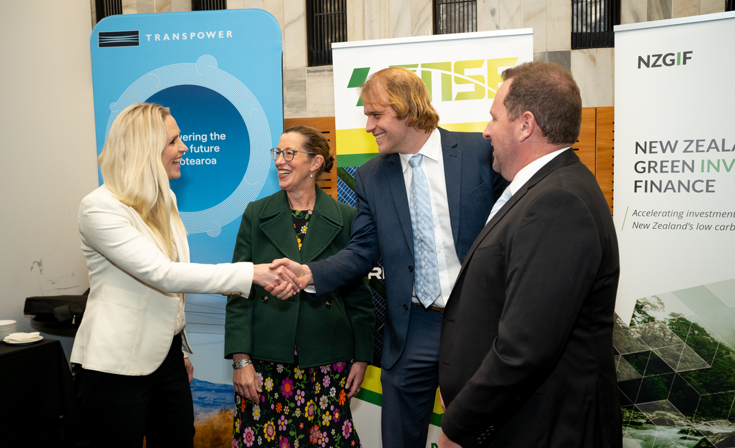 Sarah Minhinnick (NZGIF), Raewyn Moss (Transpower), Richard Homewood (FNSF) and John Telfer (FNSF) celebrate signing the tripartite agreement at the event held at Parliament.