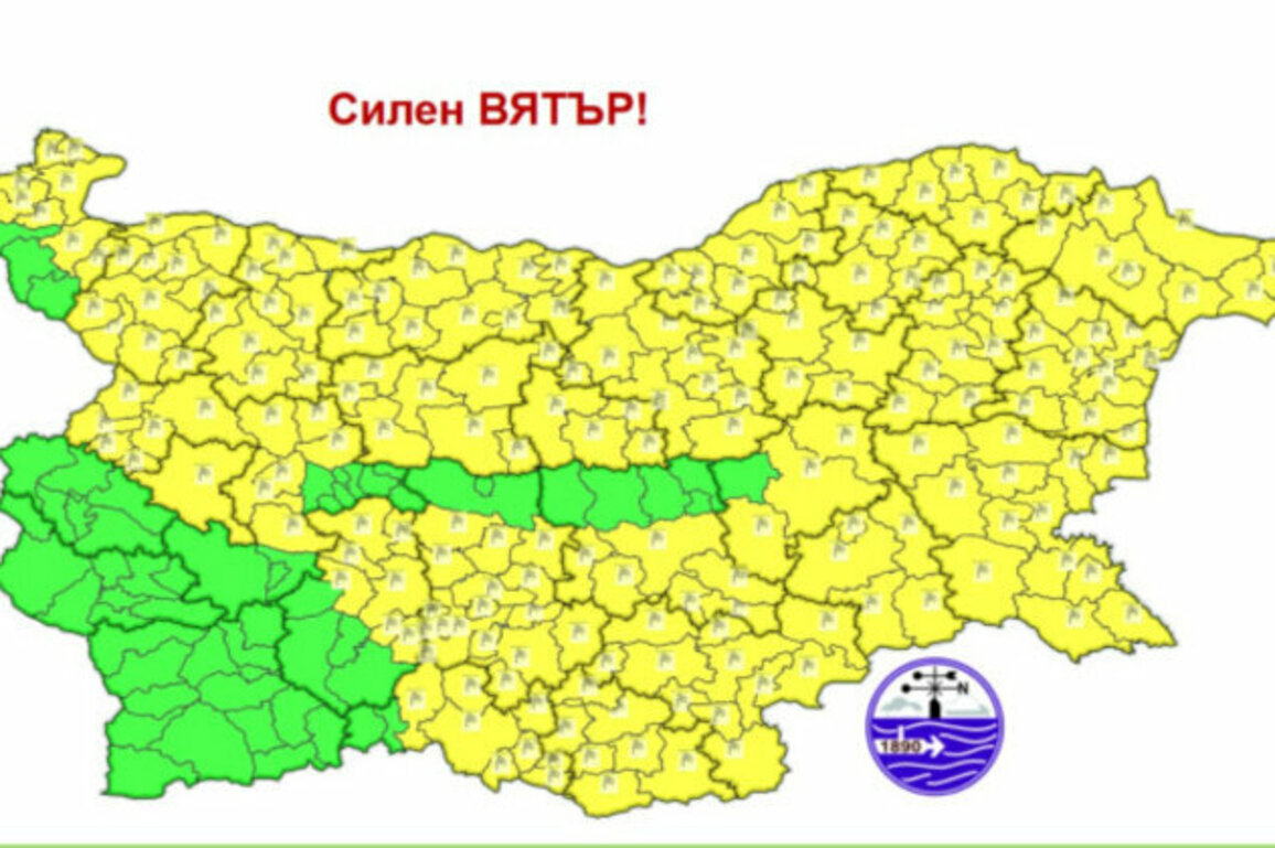 Yellow Wind Alert Issued for Nearly All of Bulgaria on Friday