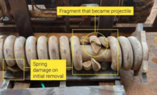  L: Position of spring in storage yard when event occurred, with wall entry point. R: Spring fragment final position on workshop walkway.