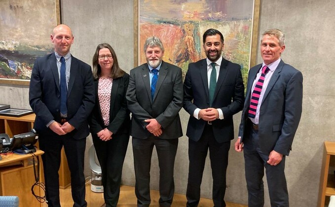 From left to right: NFUS chief executive John Davidson, NFUS political affairs manager Beatrice Morrice, NFUS president Martin Kennedy, Scottish First Minister Humza Yousaf and NFUS director of policy Jonnie Hall