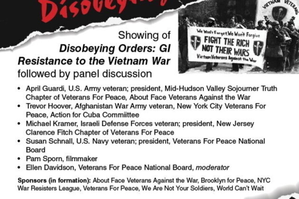 Veterans for Peace Screening of "DISOBEYING ORDERS; GI RESISTANCE TO THE VIETNAM WAR"