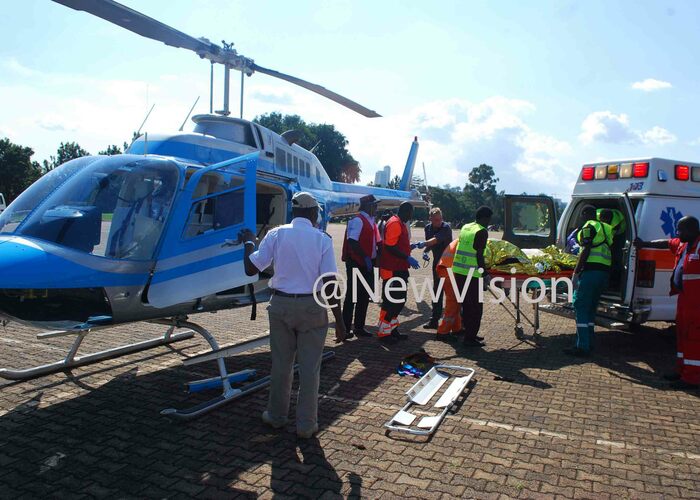  edical officers carrying an accident victim to a helicopter ambulance at a demonstration of mass causality drill that was organised by the ministry of health at ololo independence grounds 