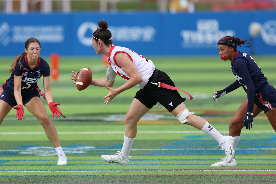 (SP)CHINA-CHENGDU-THE WORLD GAMES 2025-FLAG FOOTBALL-WOMEN'S PRELIMINARY ROUND-USA VS AUT (CN)