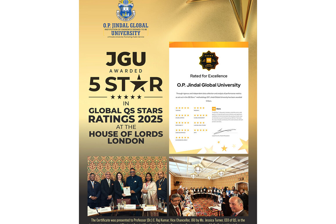 O.P. Jindal Global University awarded 5-stars in Global QS Stars Ratings 2025 at the House of Lords, London