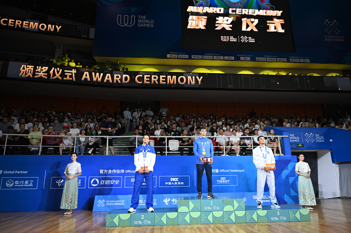 (SP)CHINA-CHENGDU-THE WORLD GAMES 2025-KICKBOXING-MEN'S K1-63.5KG-VICTORY CEREMONY (CN)