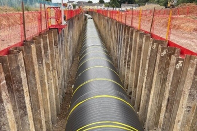 Steel trench sheets are being driven to provide the safe working environment needed to install the Weholite pipes needed for the Stambourne wastewater recycling centre project