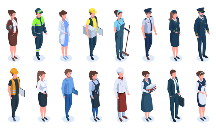 Illustrations showing people dressed appropriately for various manual and office-based jobs