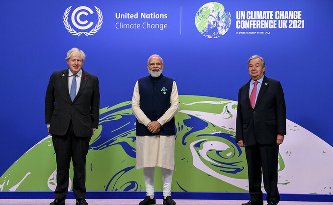(L-R) Boris Johnson, Narenda Modi and Antonio Guterres at the Summit in Glasgow earlier | Credit: Karwai Tang / UK government