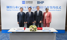  HBIS Group vice-president Li Yiren (left), HBIS Group chairman Yu Yong, BHP CEO Mike Henry and BHP CCO Vandita Pant