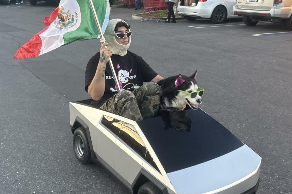 Why a man drives a kids' Cybertruck with a dog and Mexican flag