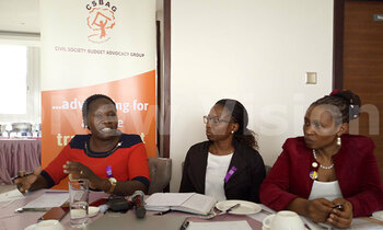 Left to right bigirwa norah buliisa district woman mp speaking during a dialogue on financing towards eliminating gbv as sophie nampewo of csbag centre as tina musuya of cedovip look on 1 350x210