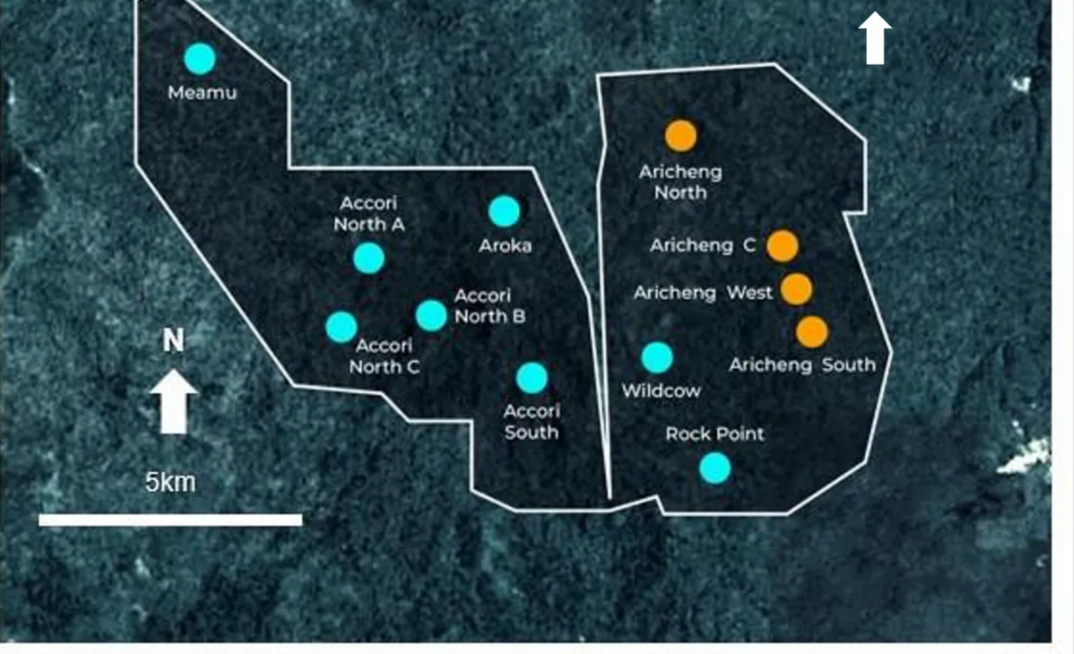 Map showing the four uranium deposits that contain historic resources, and eight targets where prior drilling intersected good grades