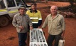 Newexco’s Adrian Black and Thomas Evans with Kairos’ Steve Vallance inspecting the drill core