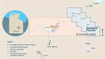 Map showing Molyhil project acquisition tenements and adjacent Sandover fluorite project.