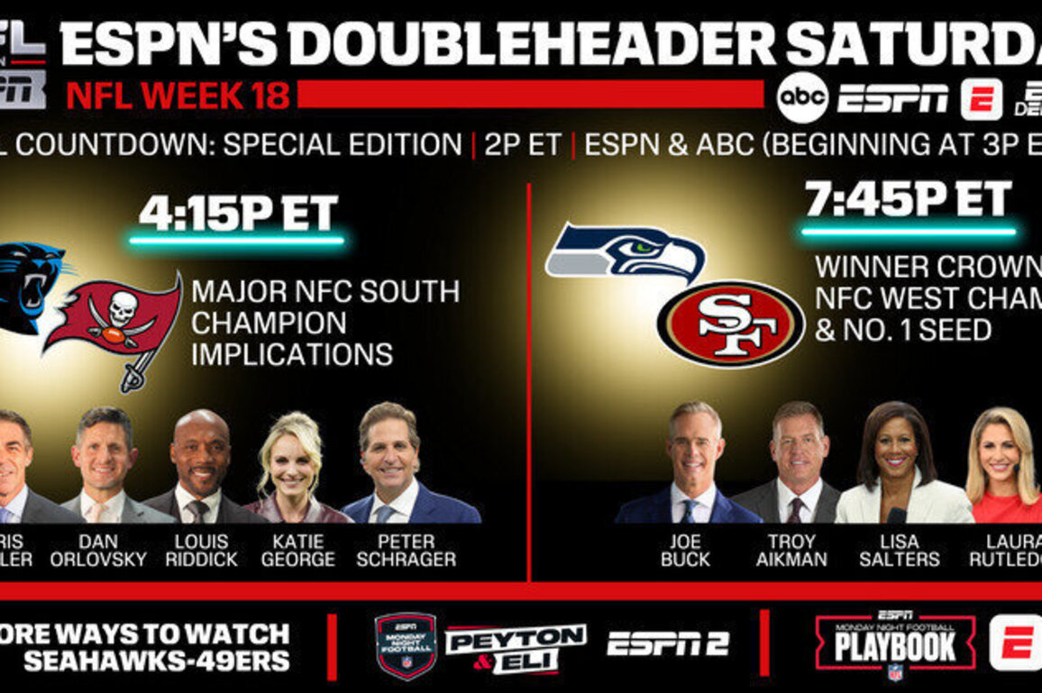 ESPN's Week 18 Doubleheader Saturday to decide NFC's No. 1 seed & NFC West champion (Seahawks-49ers) and Impact NFC South Division championship (Panthers-Buccaneers)