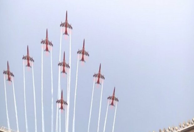 IAF's Suryakiran Aerobatic team performs air show rehearsal over Narendra Modi Stadium