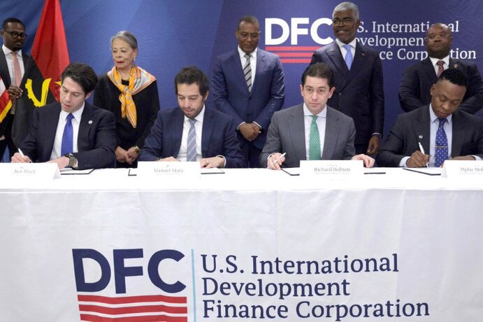 Front row at the signing ceremony, from left: DFC chief executive Ben Black; Mota Engil deputy chief executive Manuel Mota; Trafigura chief executive Richard Holtman; and DBSA group executive for transacting Mpho Mokwele