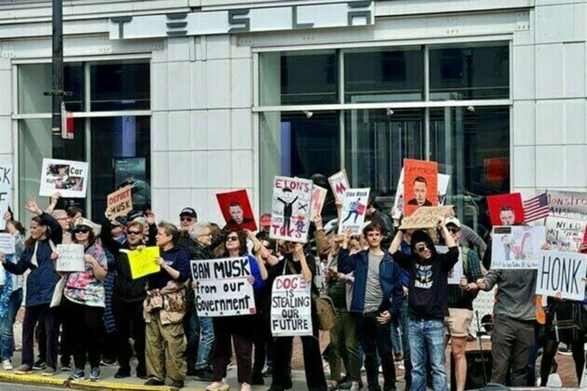 Anti-Musk Protesters Gather outside Tesla Dealership in Washington