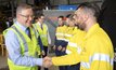 Anthony Albanese (left) with Mineral Resources workers in Perth.