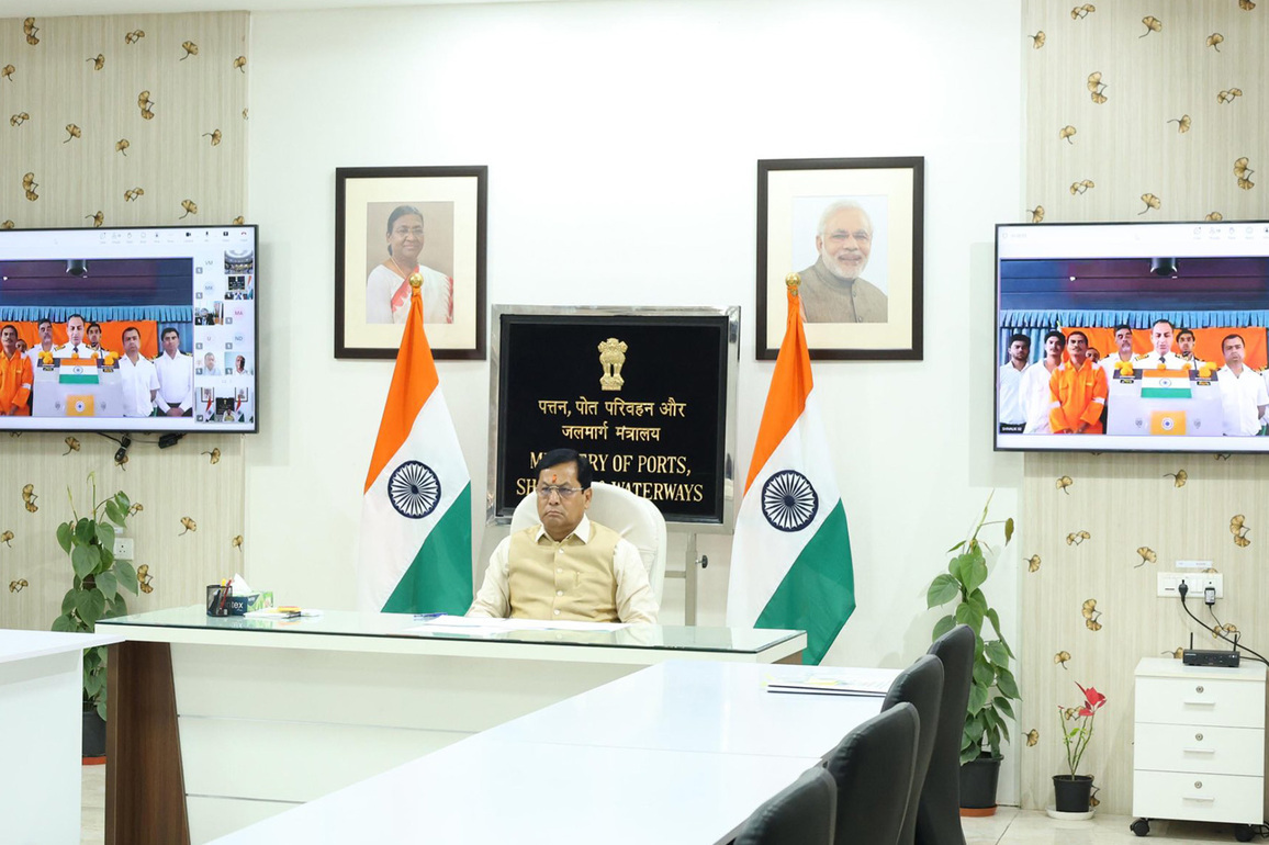 Union Minister Sonowal interacts with crew of Indian flagged LPG carriers Shivalik and Nanda Devi, lauds their courage
