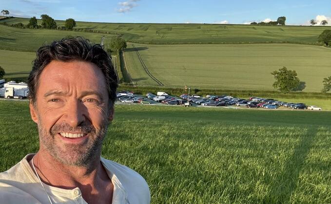 Hugh Jackman on set in Oxfordshire for filming of The Sheep Detectives. He said: "If there is one secret to happiness, I propose it would be simply sheep."