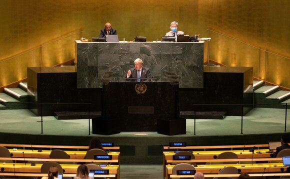 Boris Johnson delivered his speech to fellow world leaders at the UN General Assembly in New York yesterday Credit: Downing Street