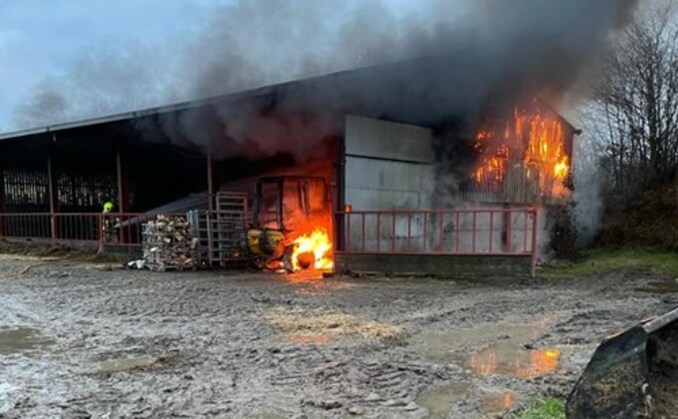 Fire crews tackled a barn fire involving 70 bales of hay and one Bobcat machine and (Mid and West Wales Fire and Rescue Service)