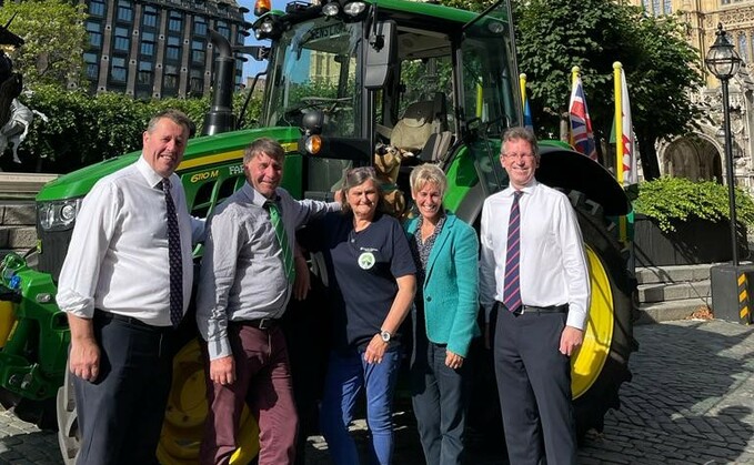 Farming Minister Mark Spencer, Andy Eadon and Lynda Eadon, NFU president Minette Batters, and Sir Jeremy Wright MP outside the Houses of Parliament to raise mental health in farming and rural communities (Defra press office)